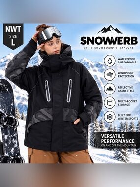 NWT SNOWVERB Black Reflective Camo Ski Snowboard Jacket Size L Large unisex